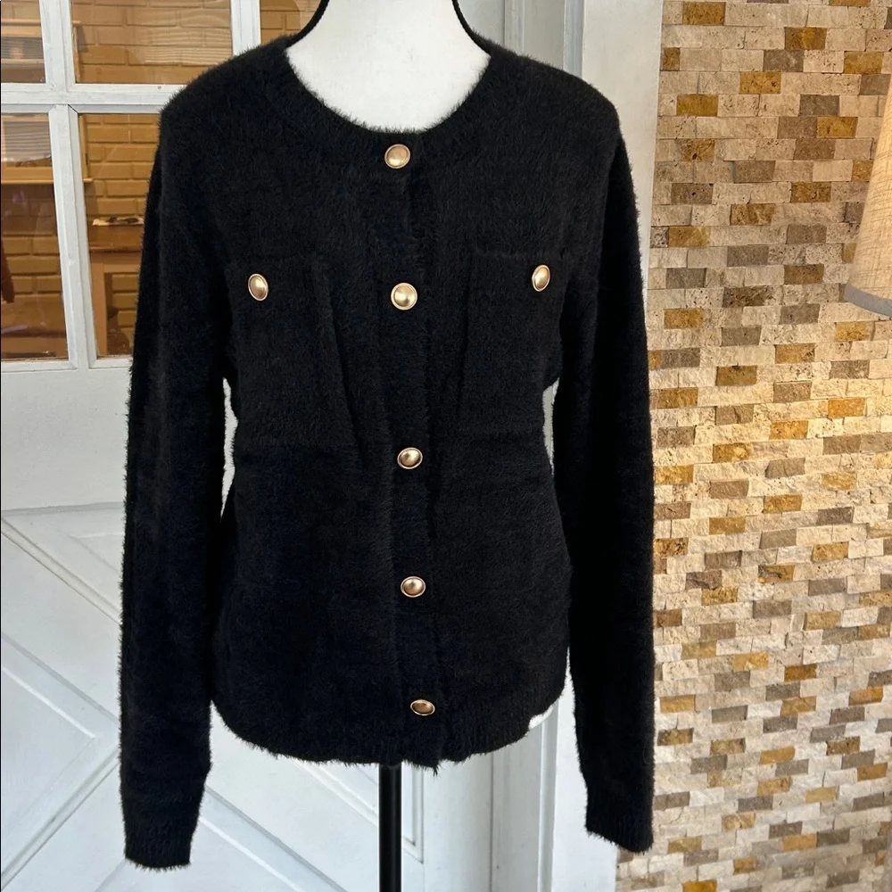 VENUS Black Fuzzy Button-Front Cardigan with Gold Buttons